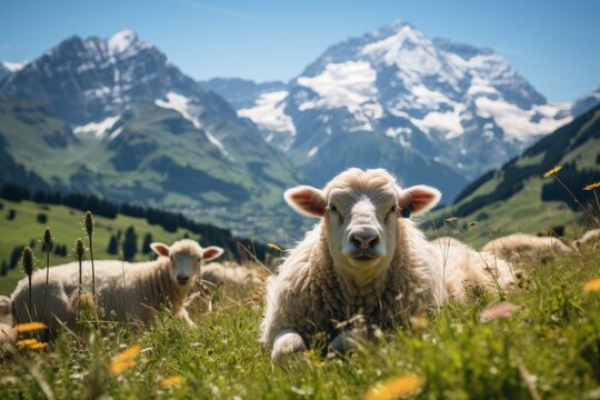 Sheep resting in grassy meadow, surrounded by mountains and under a blue sky