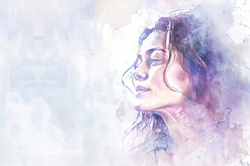 Serenity in Watercolor. A woman's gentle profile is captured in a serene watercolor blend, with a backdrop that evokes a tranquil, dream-like state.