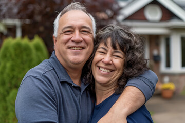 Fototapeta premium Home Sweet Home: Affectionate Couple Embracing in Front of Their Cozy Residence