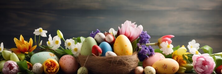 Happy Easter Banner, Beautiful Easter eggs on green grass meadow field background with copy space, festive spring wallpaper with blank space for text