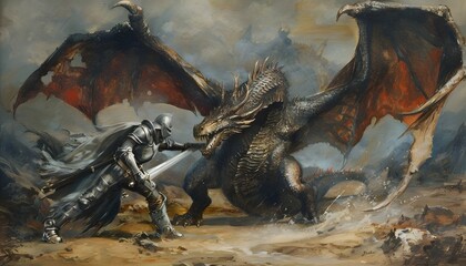 Fantasy scene knight fighting dragon
