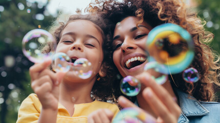 Mother and daughter enjoying blowing bubbles together, happy family moments.