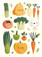 Vegetable illustrations, cartoon style, cute, and rounded with simple details in minimalistic style, sticker art