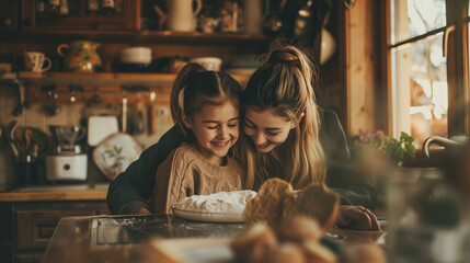 Mother and daughter baking together in the kitchen. Happy family moments.