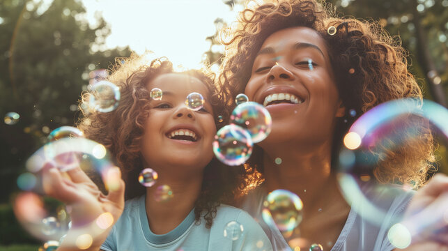 Mother and daughter enjoying blowing bubbles together, happy family moments.