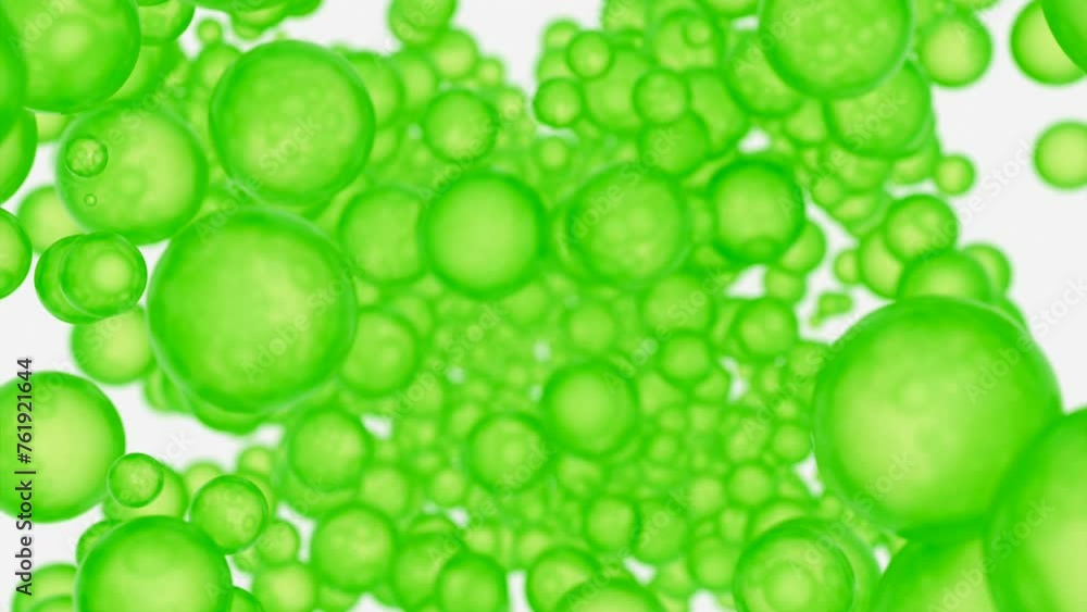 Poster abstract falling balls with rough surface in green color. design. endless flow of green round partic