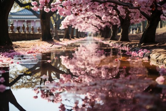 Cherry blossom trees reflected beautifully in the pond