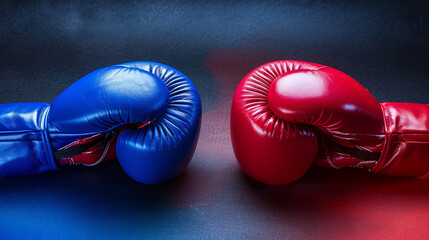 Red and blue boxing gloves clash - obrazy, fototapety, plakaty