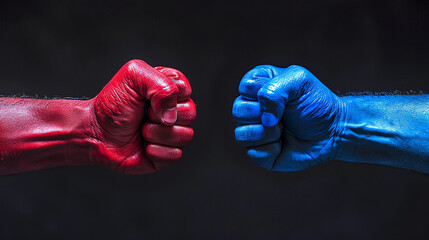 The clash of red and blue fists signifies the decisive nature of the presidential election. - obrazy, fototapety, plakaty