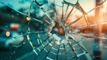 The broken glass background presents a striking image of destruction and disorder. - obrazy, fototapety, plakaty