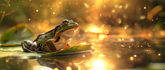 Frog sitting on a leaf in the pond, with the morning sunlight shining down, reflecting on the water's surface. Close-up shot.
