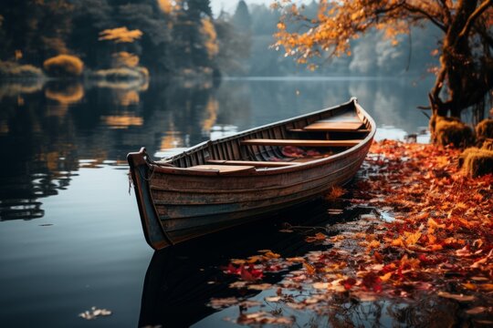 A watercraft is floating on the lake amidst tree leaves in the morning