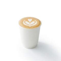 Art latte art pattern of latte coffee in paper cup, milk foam with heart ripple pattern, white background - obrazy, fototapety, plakaty
