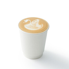 Art latte art pattern of paper cup latte, swan pattern milk foam, white background