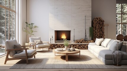 Fototapeta na wymiar Interior composition of modern up class living room inspired by scandinavian elegance 