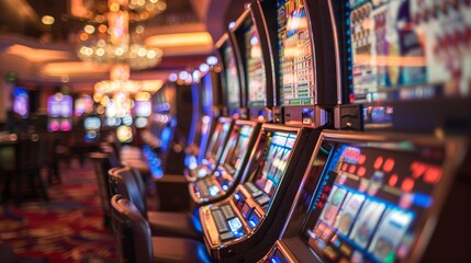 closeup photo of a slot machine in a casino bar. neon lights in the dark hall. people crowd in the blurry wallpaper background. 16:9 - obrazy, fototapety, plakaty
