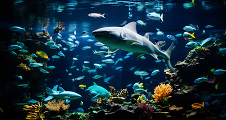 Fototapeta na wymiar a gray shark swimming in front of many small fish