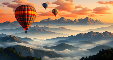three hot air balloons are flying through the mountains - obrazy, fototapety, plakaty
