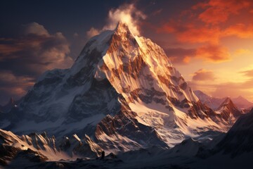 A mountain range crowned by snow and ice under the sunset sky