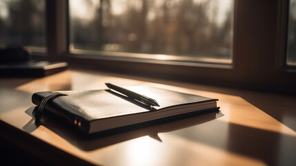 a black leather covered notebook and a silver pen resting on a wooden desk by the window with sunlight shining through