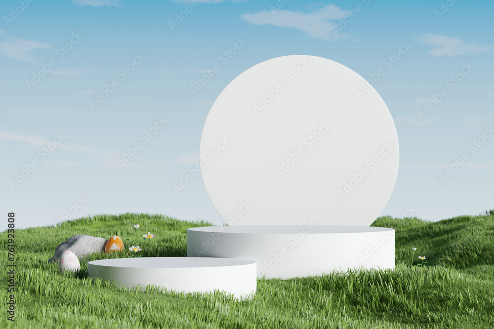 Poster stand product display podium in meadow with daisy blossom. easter concept. 3d rendering