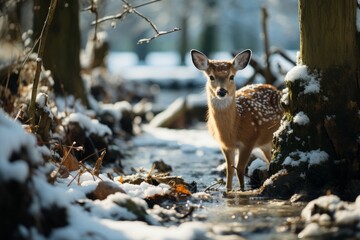 A deer, a terrestrial animal, stands in the snow near a stream in winter