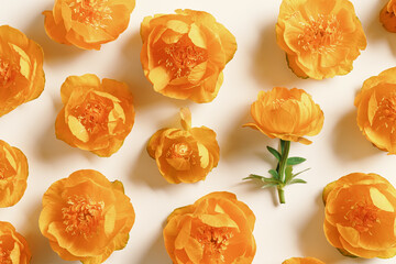 Spring seasonal styling, minimal style pattern from delicate flowers peony orange on beige...