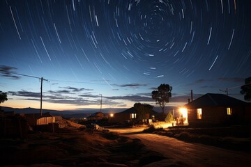 Stars are moving in the night sky above a quaint village - obrazy, fototapety, plakaty