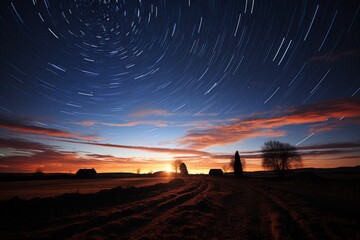 Star trails in the dusky sky over a dirt road at sunset