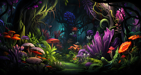 a fantasy forest with flowers and plants