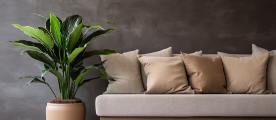 Green house plants in brown clay pots at living room with sofa and pillow. Peace lily. Houseplant.