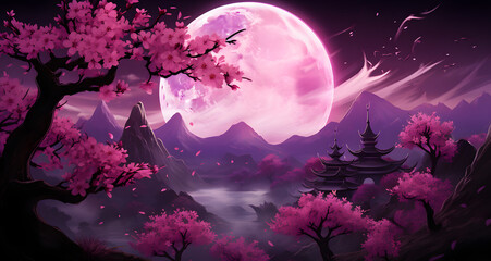 the moon rising over an oriental forest in a digital painting style - Powered by Adobe