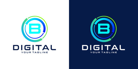Obraz premium letter B logo design template technology, modern circle logo digital, technology, connection, data, media, circle line