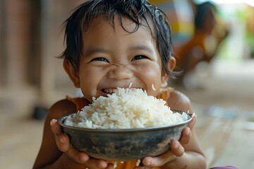 A Child's Pure Joy: Savoring a Steaming Bowl of Rice during Family Mealtime