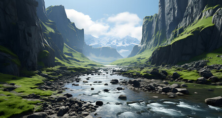 a view of a mountain valley with flowing water - obrazy, fototapety, plakaty
