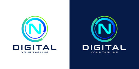 letter N logo design template technology, modern circle logo digital, technology, connection, data, media, circle line