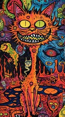 Joyful cat commanding hellish minions, lava lakes, high angle, vivid contrasts, Psychedelic funk art