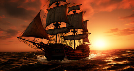 there is a sail ship sailing through the ocean at sunset