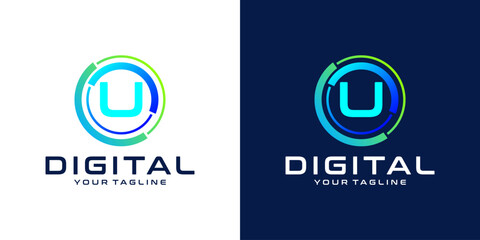letter U logo design template technology, modern circle logo digital, technology, connection, data, media, circle line