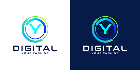 letter Y logo design template technology, modern circle logo digital, technology, connection, data, media, circle line