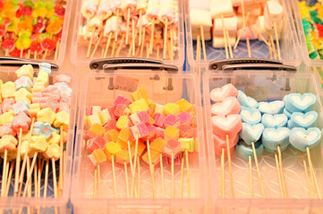 Closeup of Delightful Colorful marshmallow, Sweet candy, Colorful chewing candies and jelly candies...