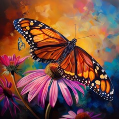 A beautiful monarch butterfly with large orange and black wings rests on a colorful summer flower