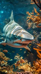 A grey reef shark glides through a blue aquarium past colorful fish