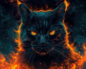 Pleased feline ruler in underworld, surrounded by fire, close-up, saturated, Pop art - obrazy, fototapety, plakaty