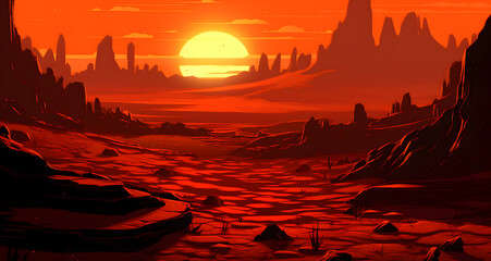 the sun rising over an alien landscape with some rocks and mountains