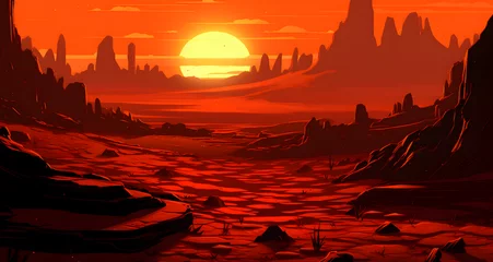 Wall murals Red the sun rising over an alien landscape with some rocks and mountains