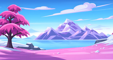 a cartoon landscape that includes mountains rocks and trees