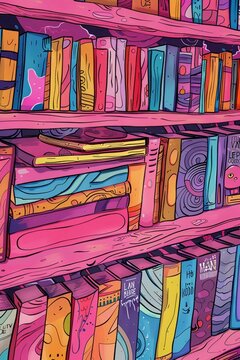 Psychedelic bookshelf with books, in the style of minimalist line art, appropriation artist, funk art