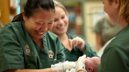 A team of nurses in matching green scrubs are carefully a newborn baby using gentle and soothing techniques to keep the baby calm and relaxed. The mother is smiling and watching