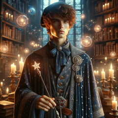 sorcerer with magic wand in blue velvet cloak among ancient tomes - obrazy, fototapety, plakaty